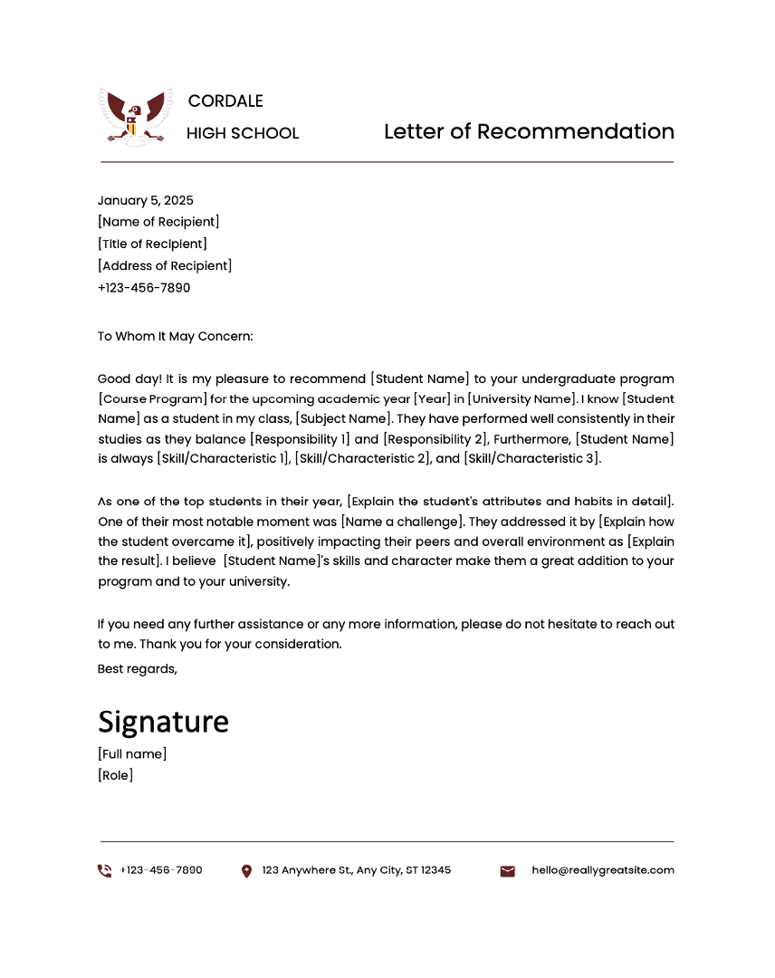 Letter of Recommendation Templates