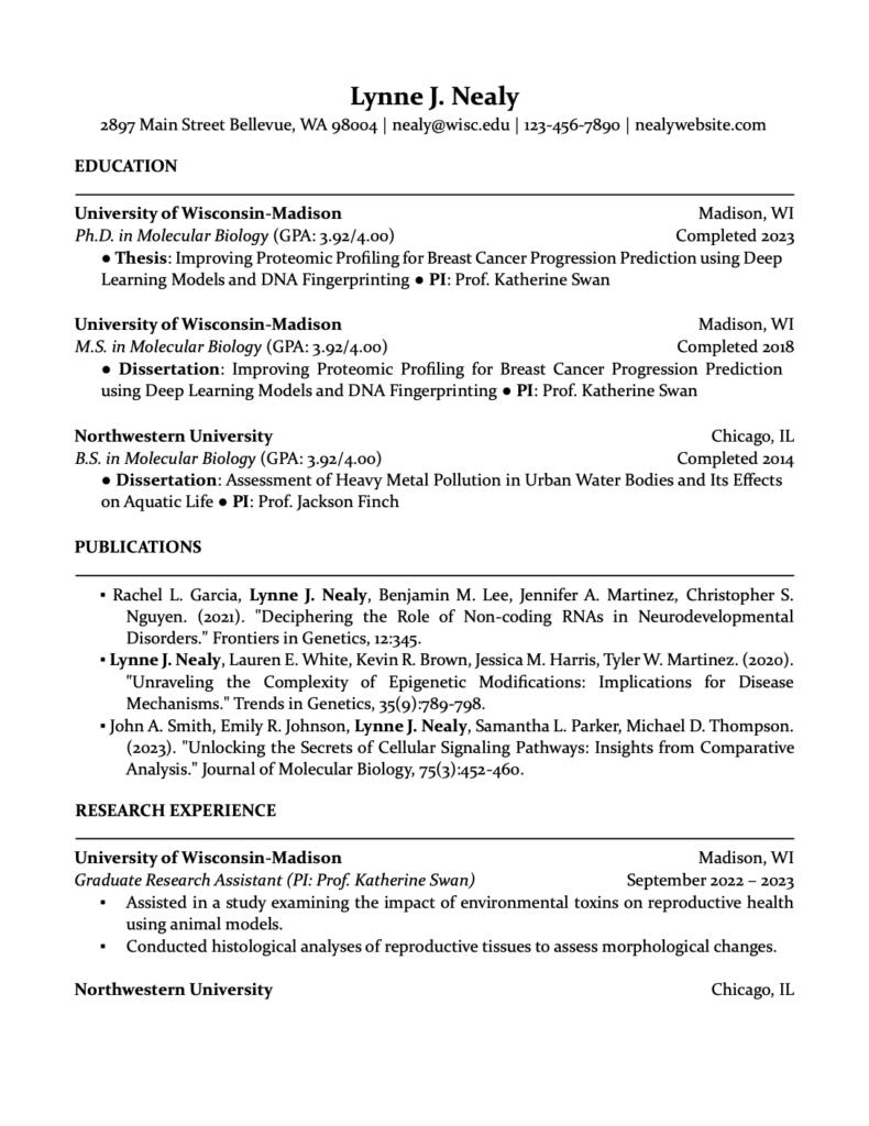 Postdoc CV Sample page 1